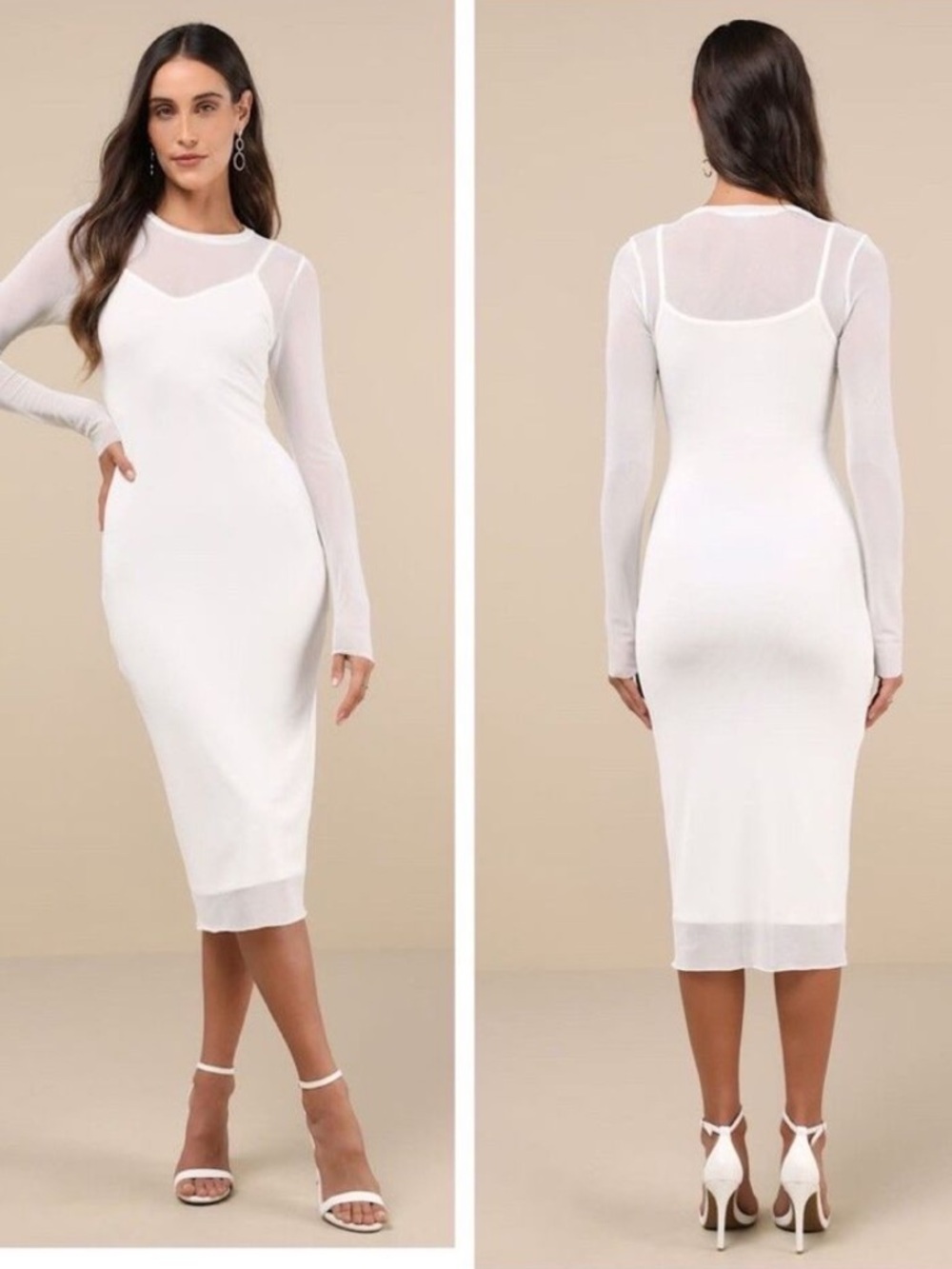 Lulu’s Perfect Plans Sheer Mesh Ivory Long Sleeve Midi Bodycon Dress